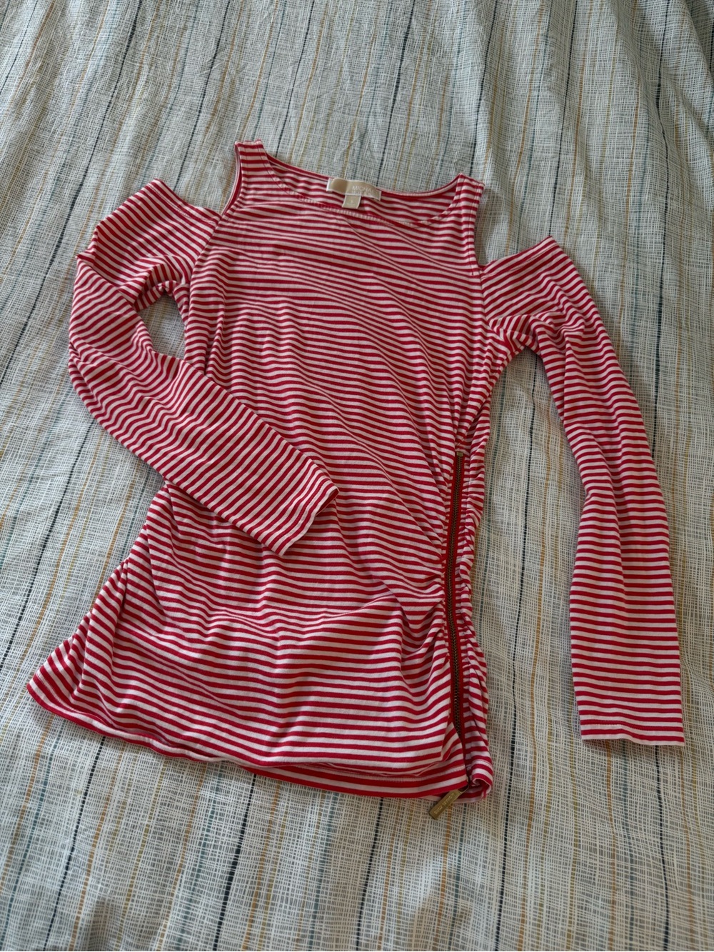 Michael Kors Red and White Striped Cold-Shoulder Long Sleeve Top